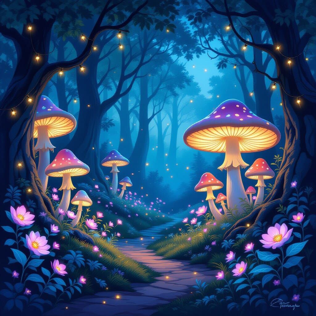 Enchanted Twilight Forest with Fairy Lights and Glowing Flor...