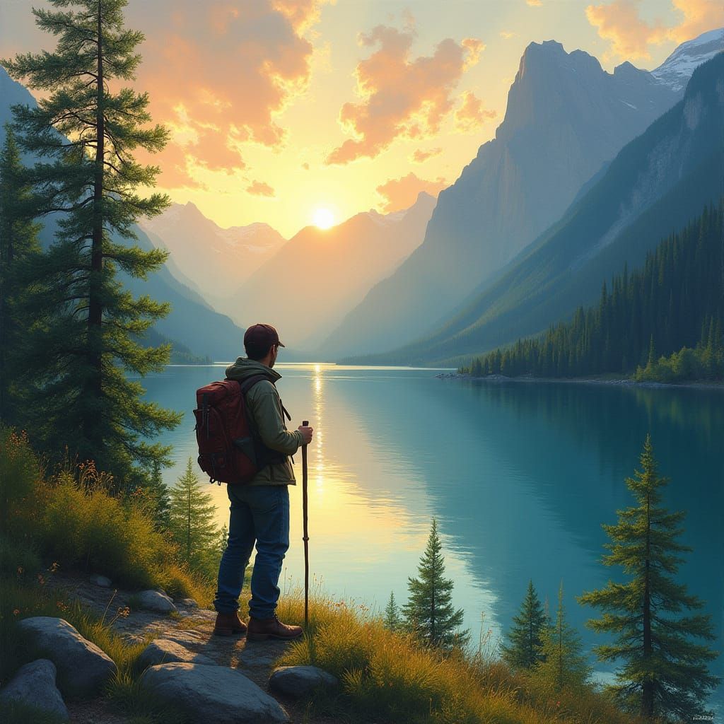 Ethereal Mountain Lake at Dawn in Whimsical Watercolor Style