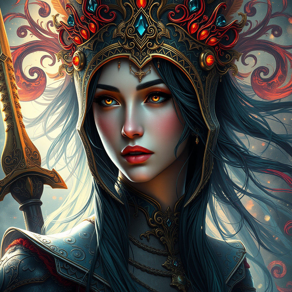 Mystical Female Warrior in Art Nouveau Style