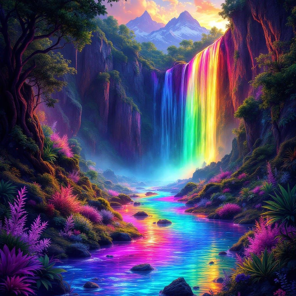 Vibrant Iridescent Waterfall in Dreamlike Landscape