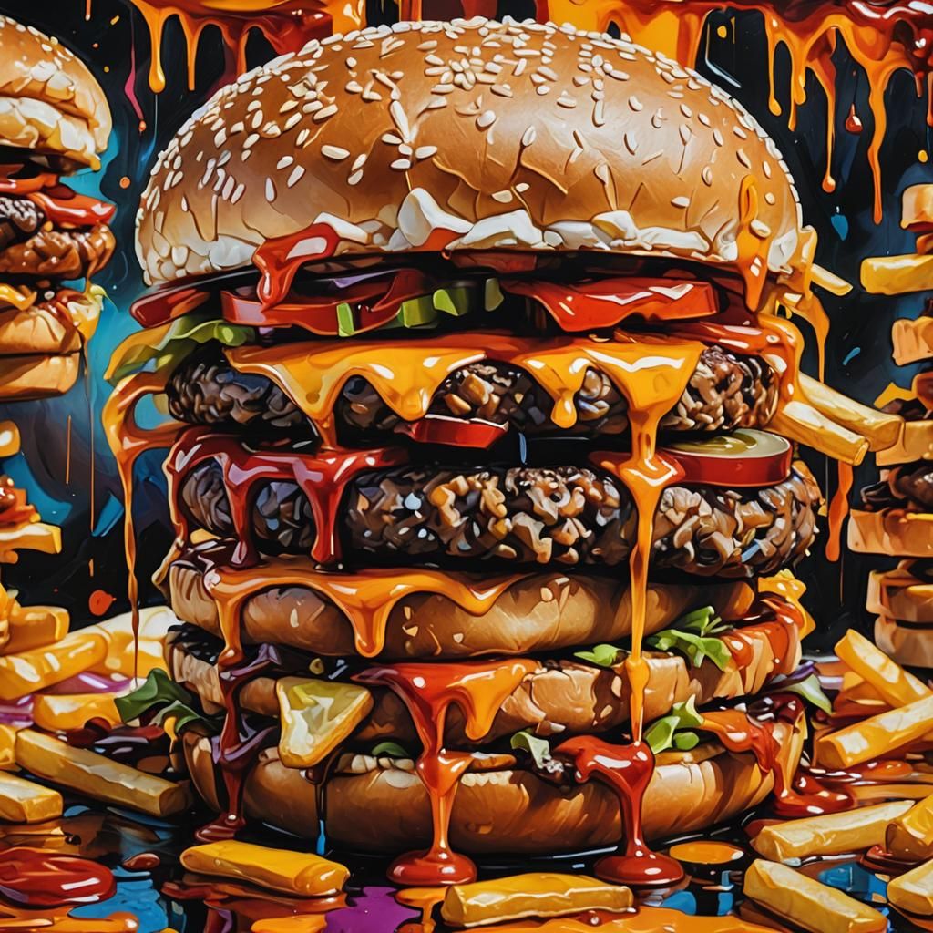 Hamburger and Fries in Abstract Expressionism Style