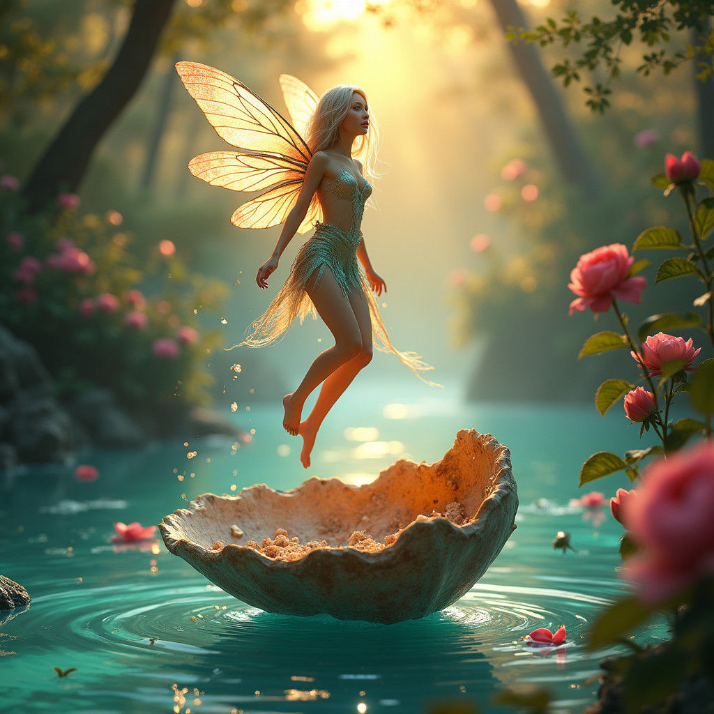 Fairy Ascending from Shell in Sunset Forest