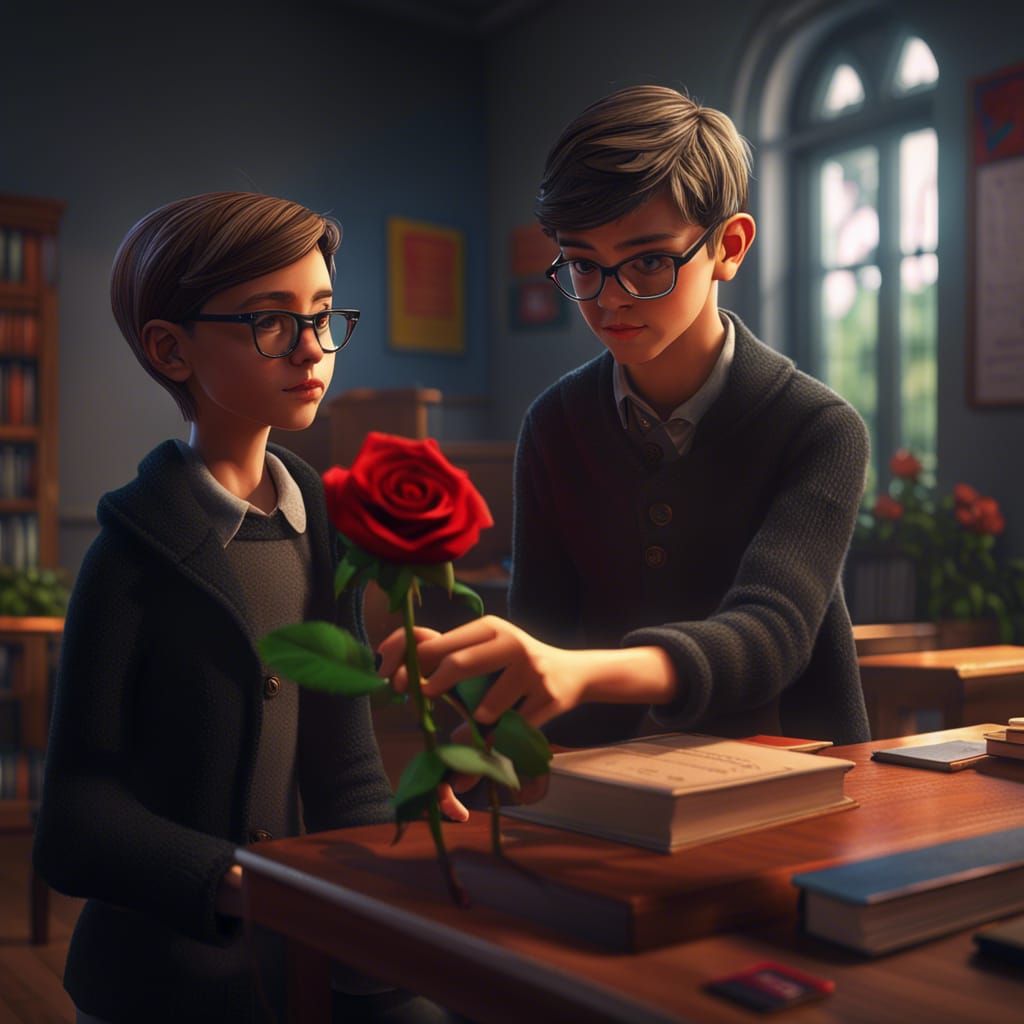 Boy Gives Rose to Teacher in Colorful 3D Rendering