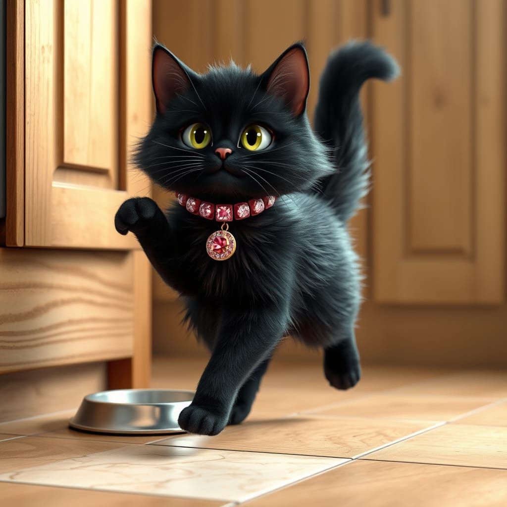 Elegant Black Cat Demands Dinner in a Cozy Kitchen