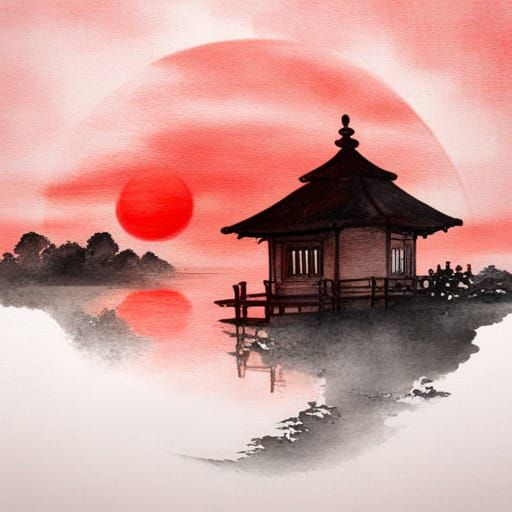 Foggy Lakeside Cottage in Chinese Ink Painting Style