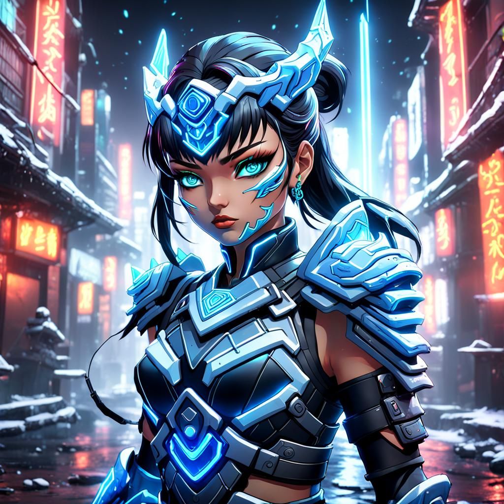 Neon Warrior Girl in Anime Style