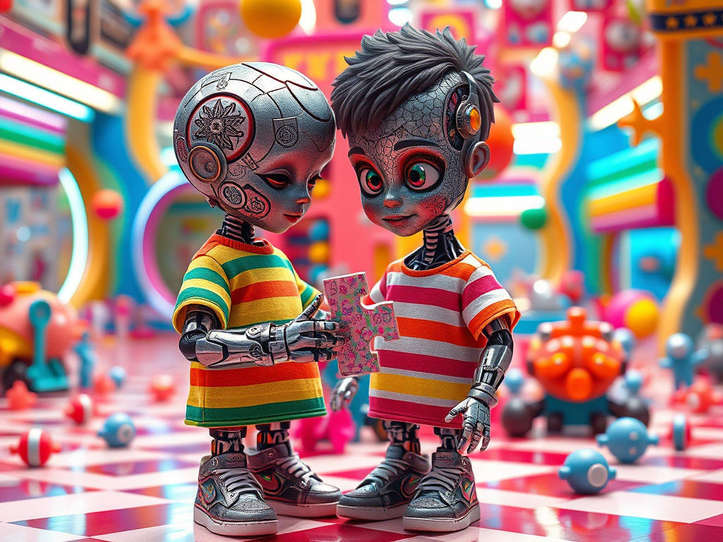 Child and Cyborg Play in Futuristic Playground