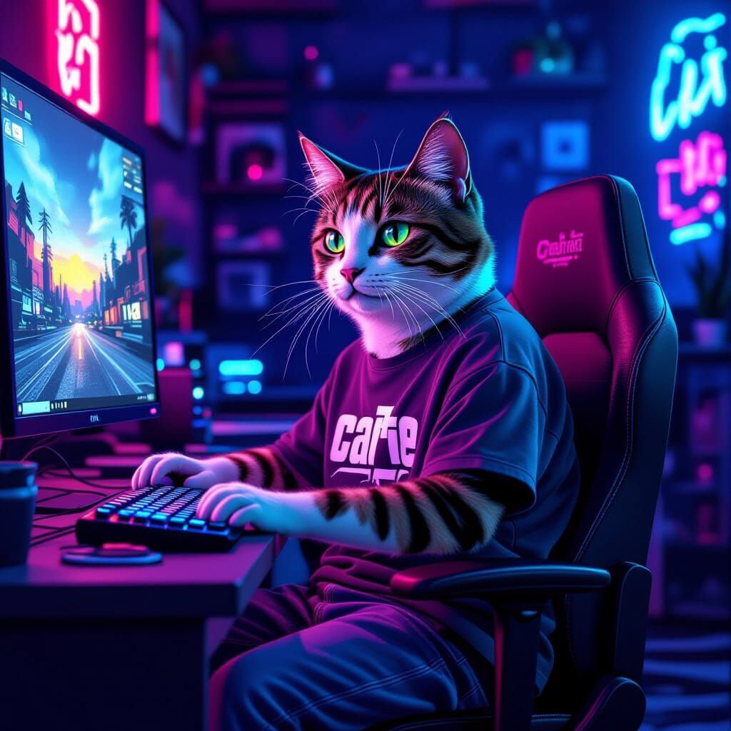 Cat Gamer in Neon-Lit Room