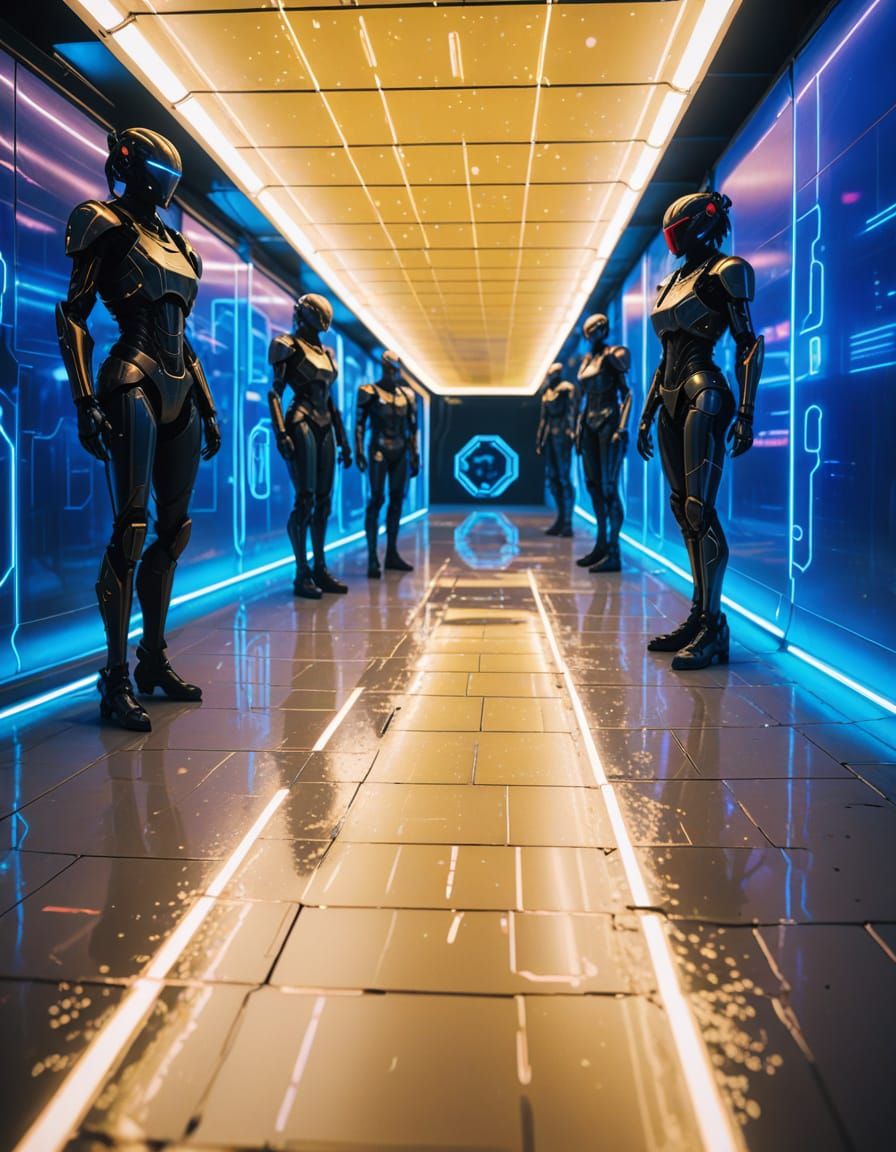 Cyberpunk Cyborgs Guard Futuristic Lab Access