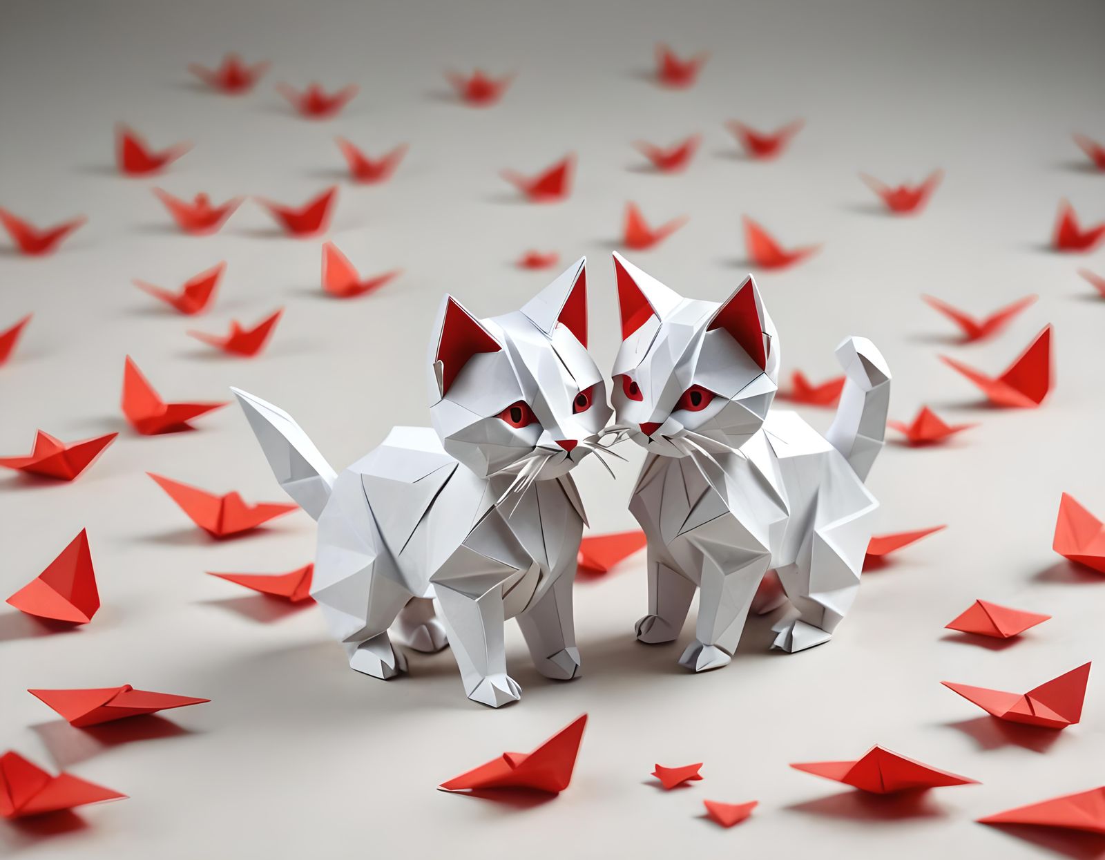 Playful Origami Kittens with Red Accents