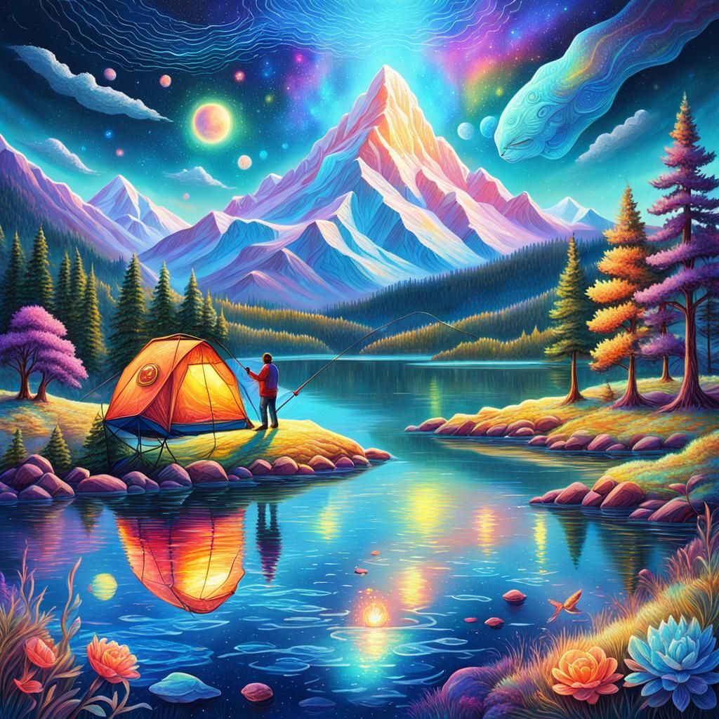 Cosmic Couple Fishing by Mountain Lake in 8K