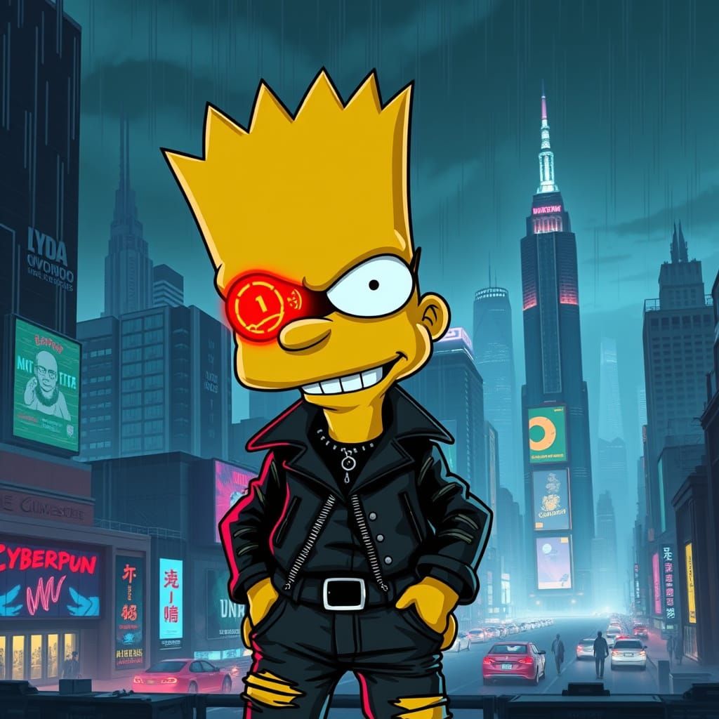 Cyberpunk Bart Simpson in Neon-Lit Metropolis