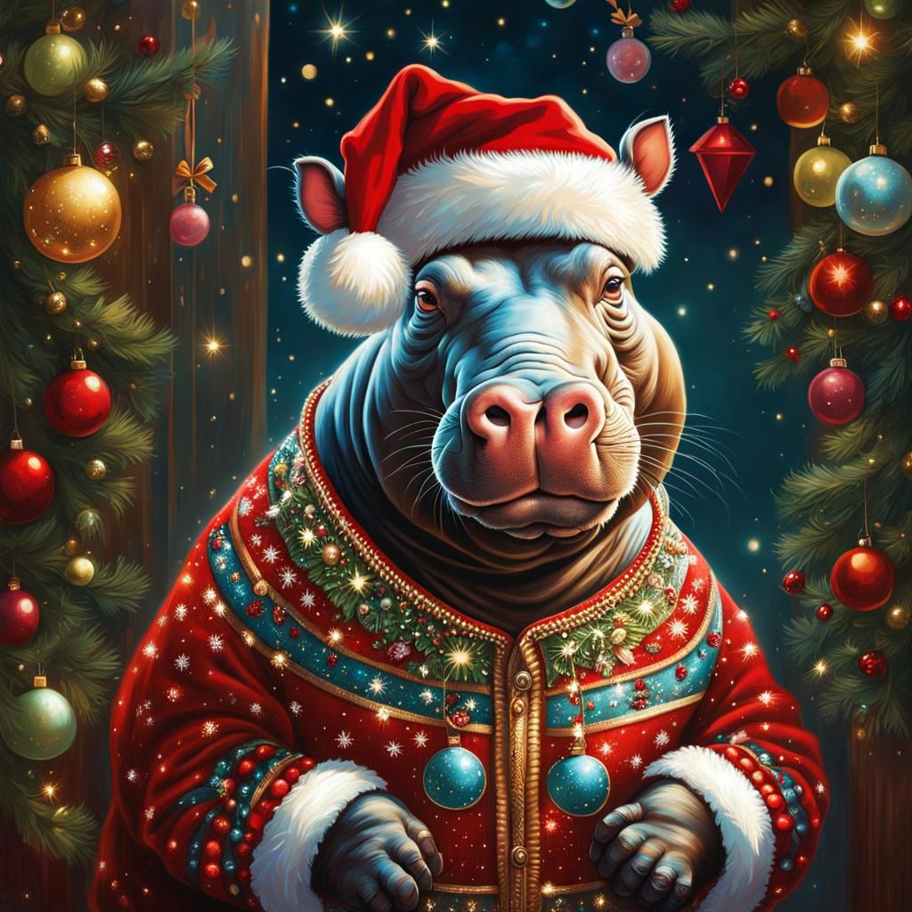 Woman's Ornate Christmas Hippo Sweater