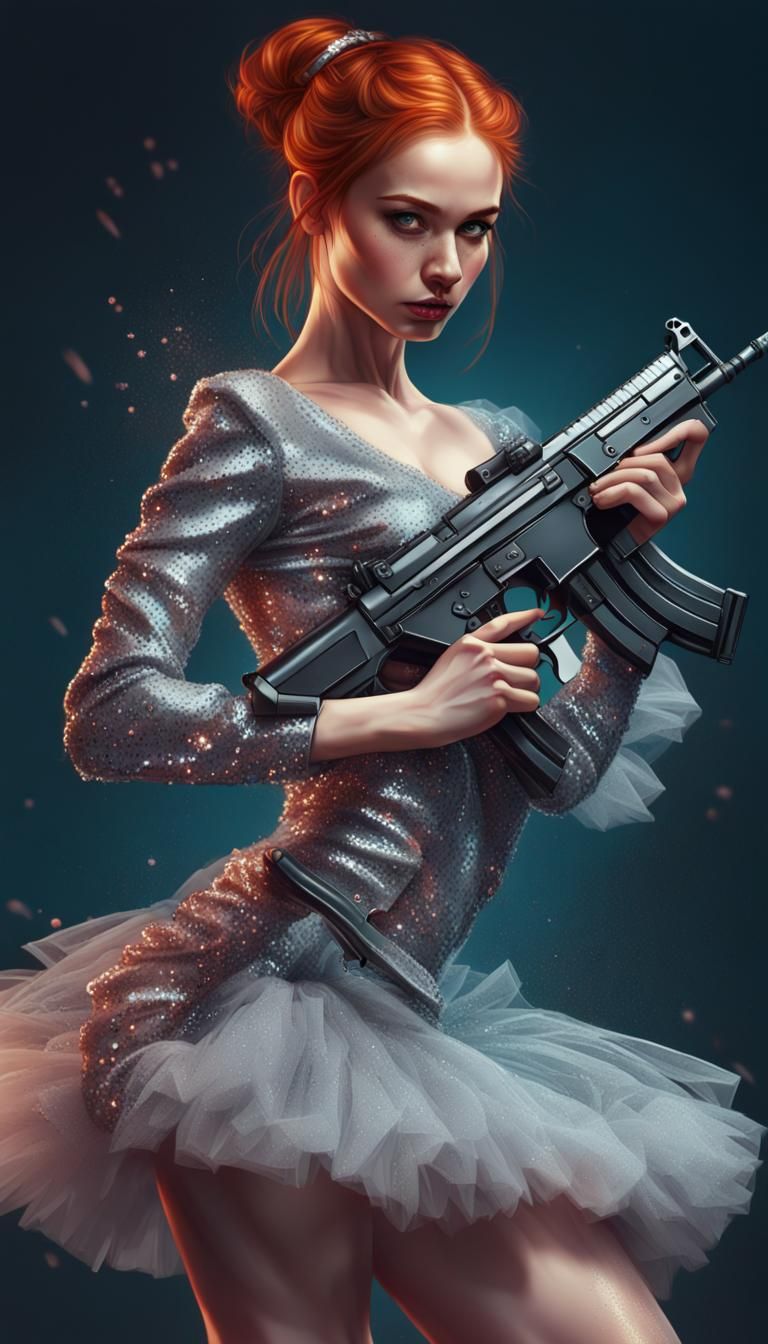 Ballerina Anti-Heroine with AK-47s in Splash Art