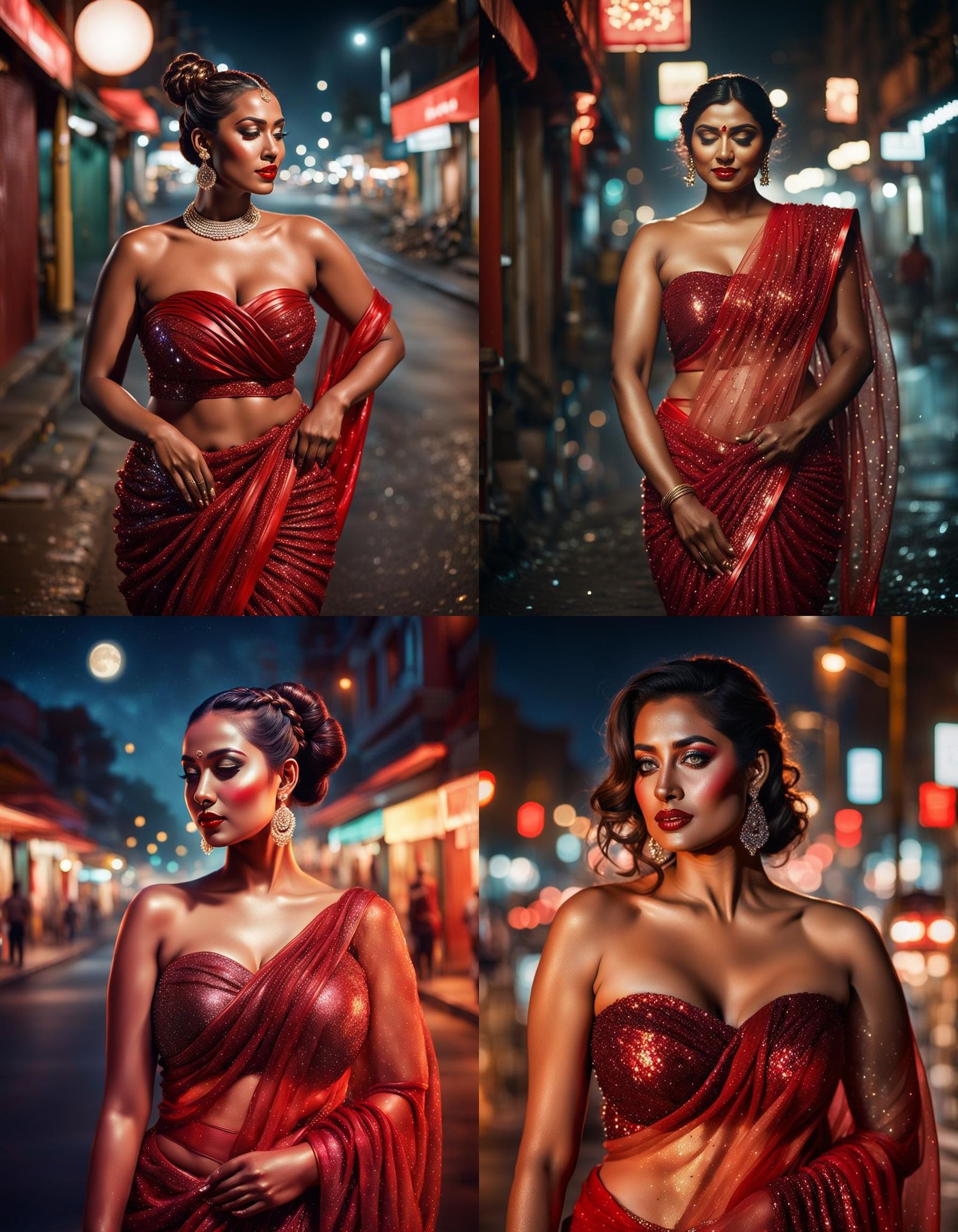 Curvy Woman in Red Saree, Painterly Night Portrait