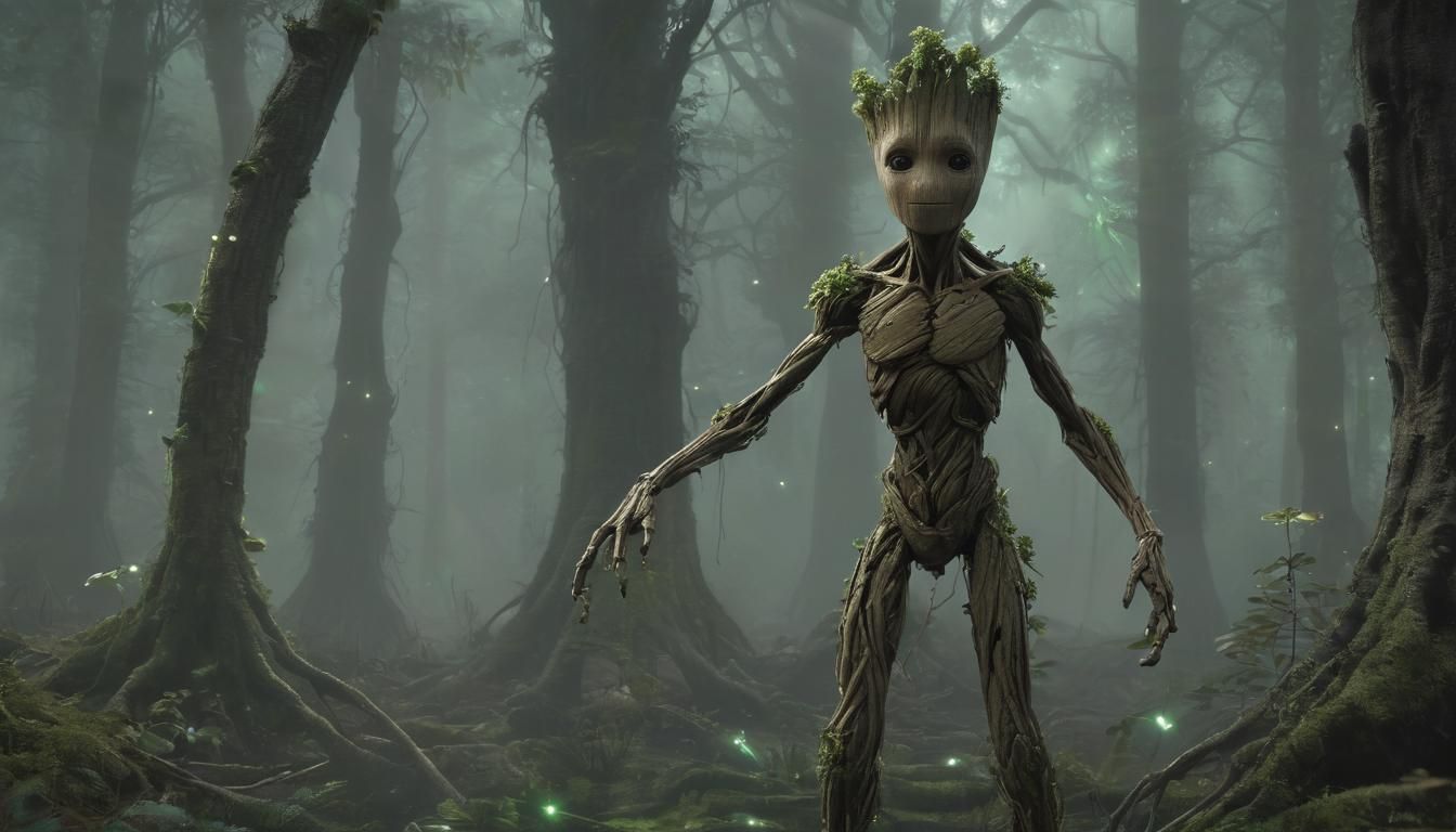 Groot in a Dark Forest, Biopunk Surrealism