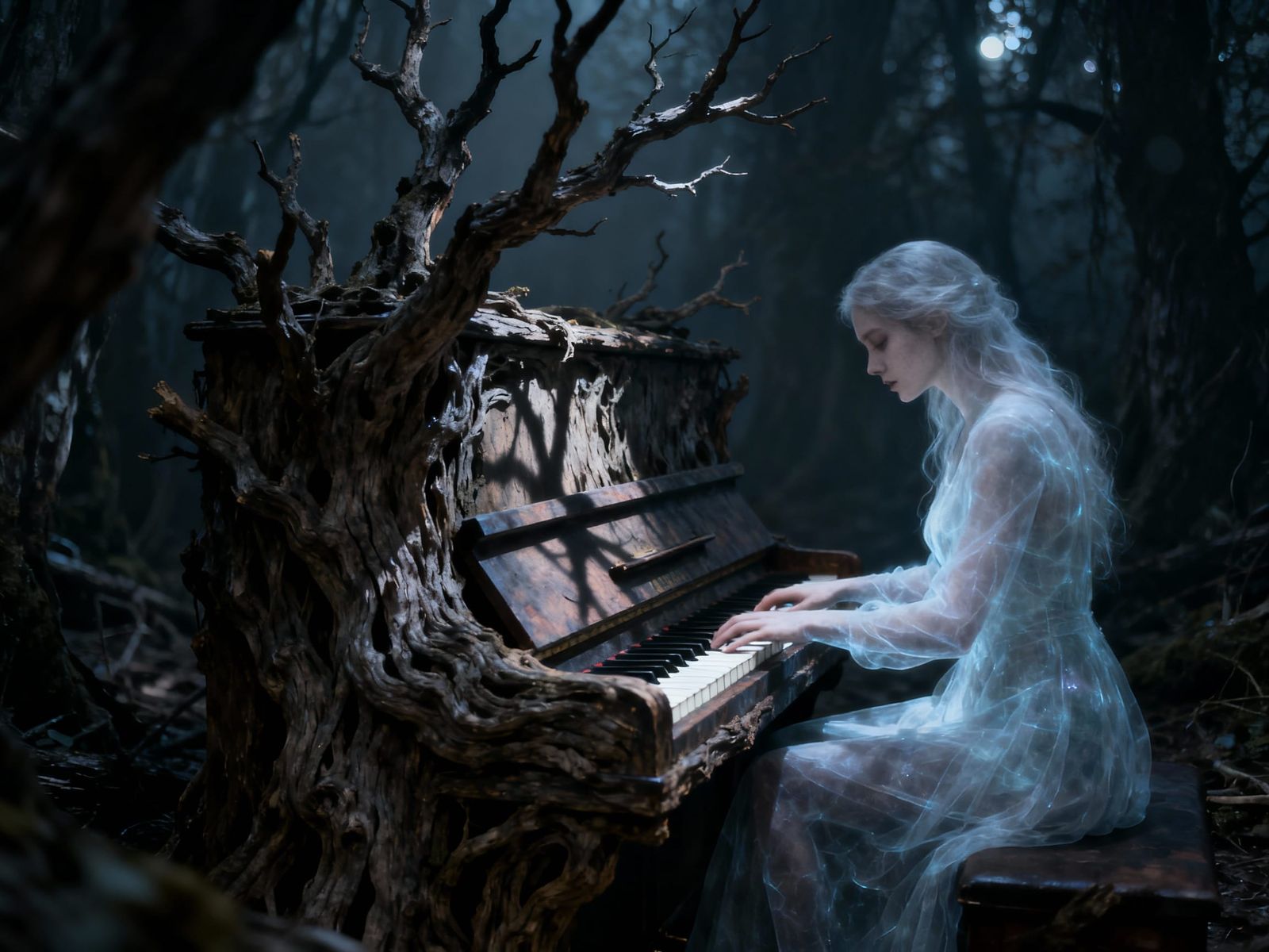Ethereal Woman Plays Tree Piano in Dark Forest