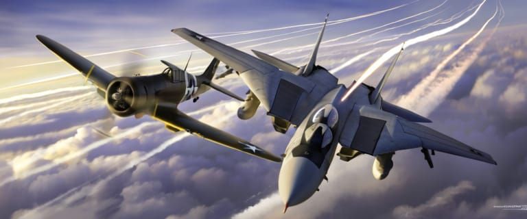 F-14 Tomcat and F6F Hellcat in Aerial Dogfight