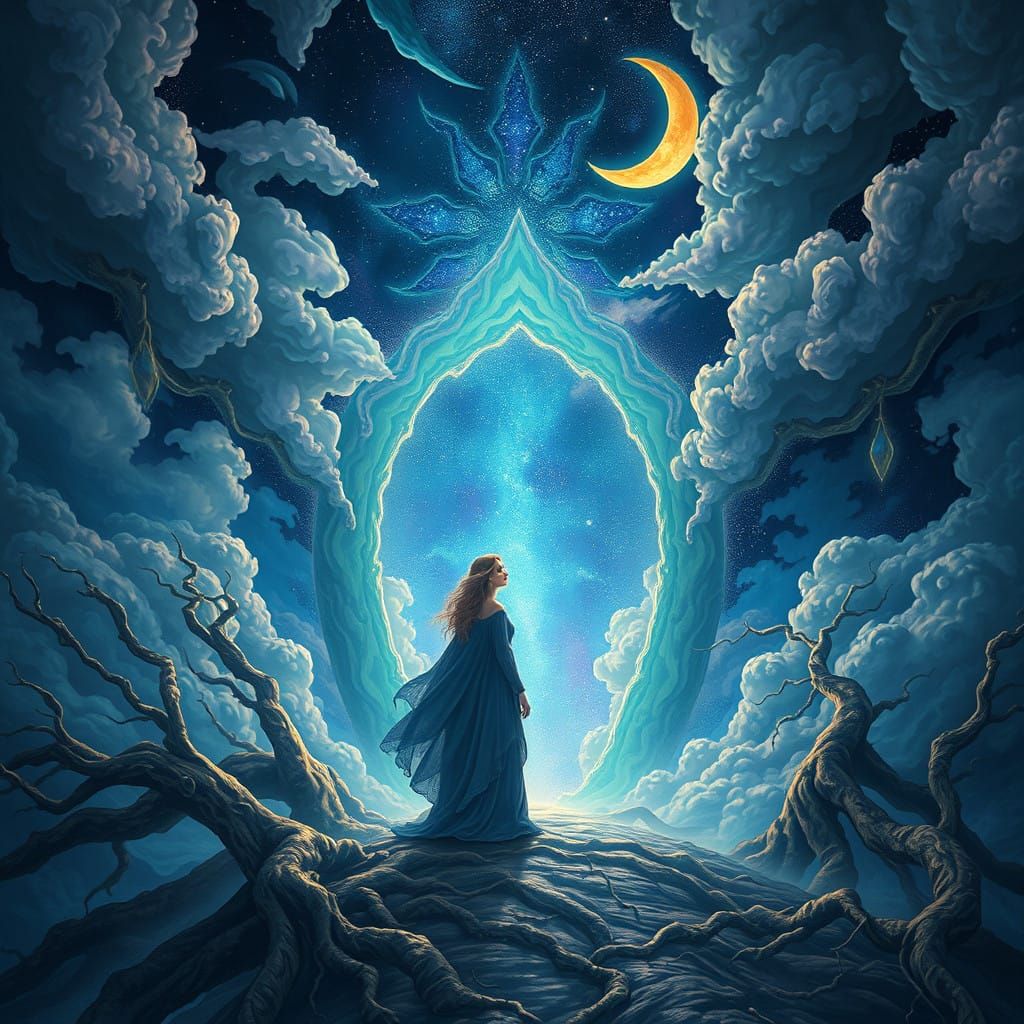 Ethereal Goddess Emerges from Iridescent Portal