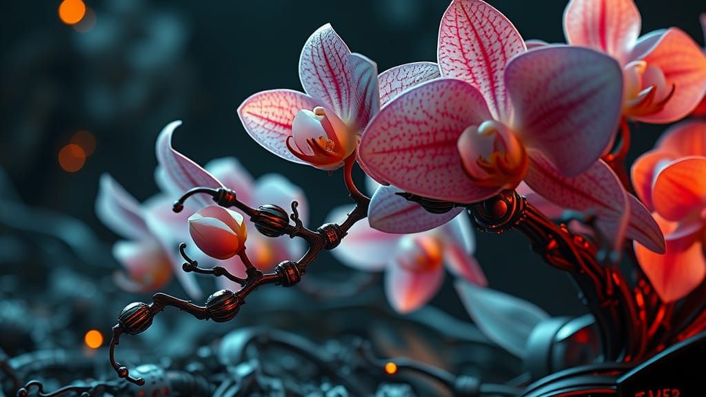 Intricate Steampunk Orchid with Bio-Mechanical Details in Po...