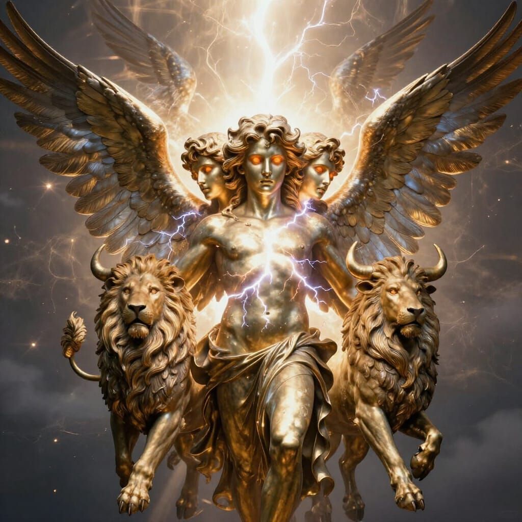 Majestic Celestial Being with Four Faces and Six Wings