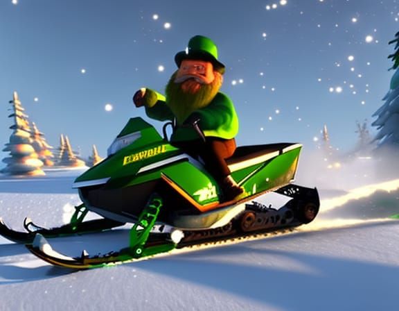 Leprechaun on Snowmobile: Pixar-Style 3D Rendering