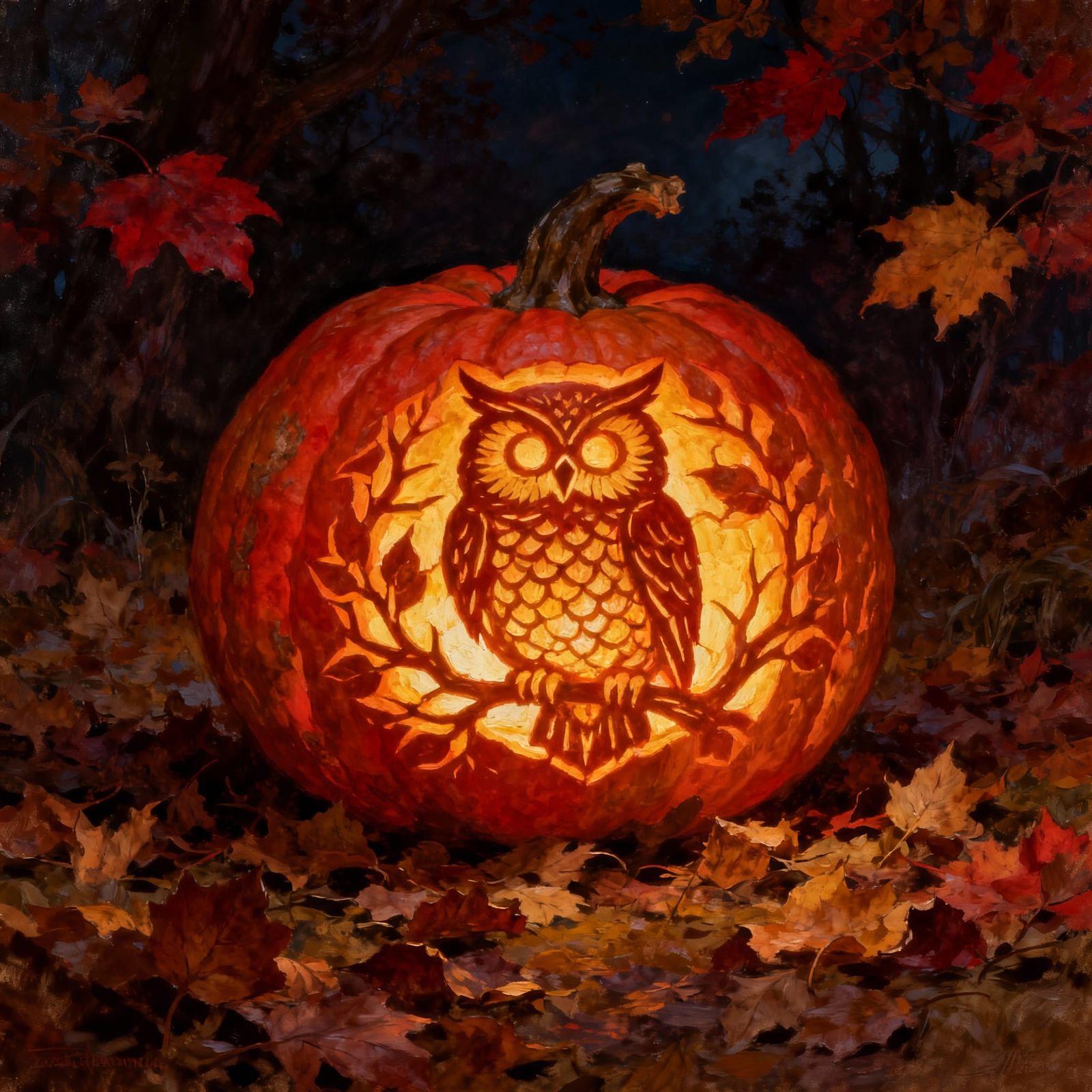 Glowing Owl Pumpkin Jack-o'-Lantern in Autumn Night