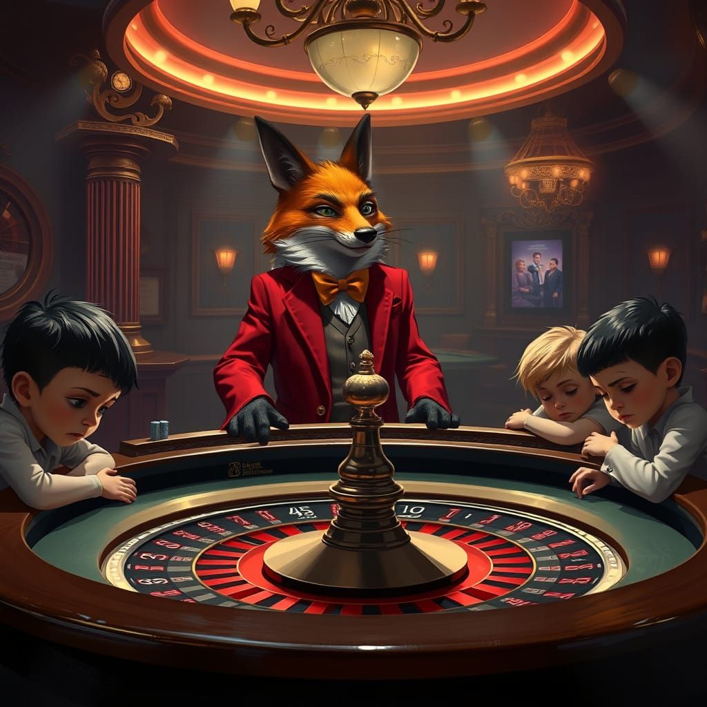 Fox at Roulette Table with Sad Children