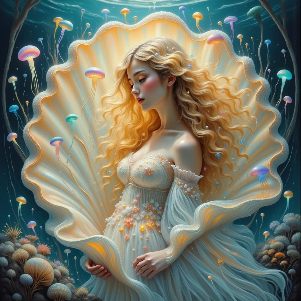 Ethereal Woman in Seashell, Surreal Fantasy Art
