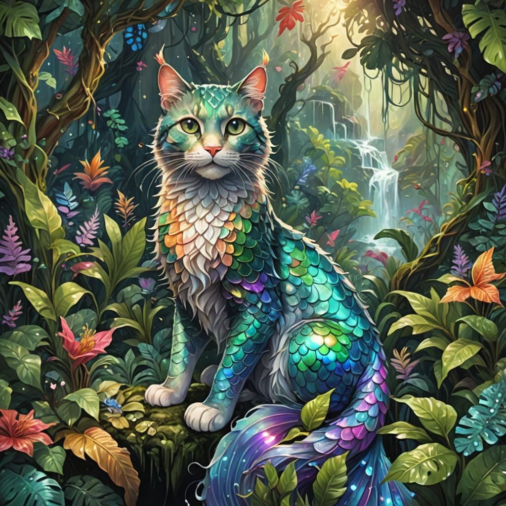Mermaid Cat with Unicorn Face in Rainforest, Digital Art