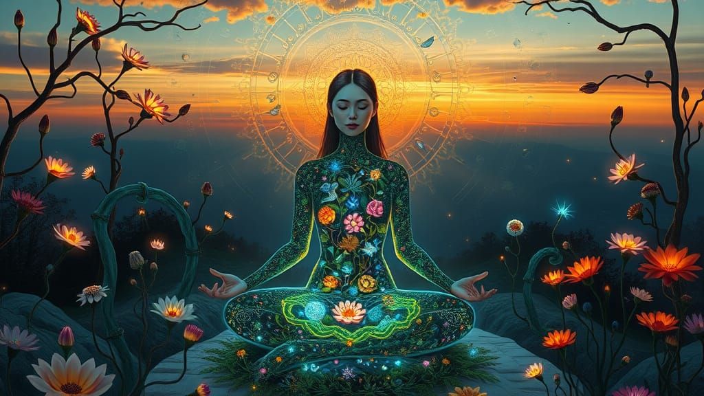 Ethereal Woman in Mystical Landscape with Dreamlike Creature...