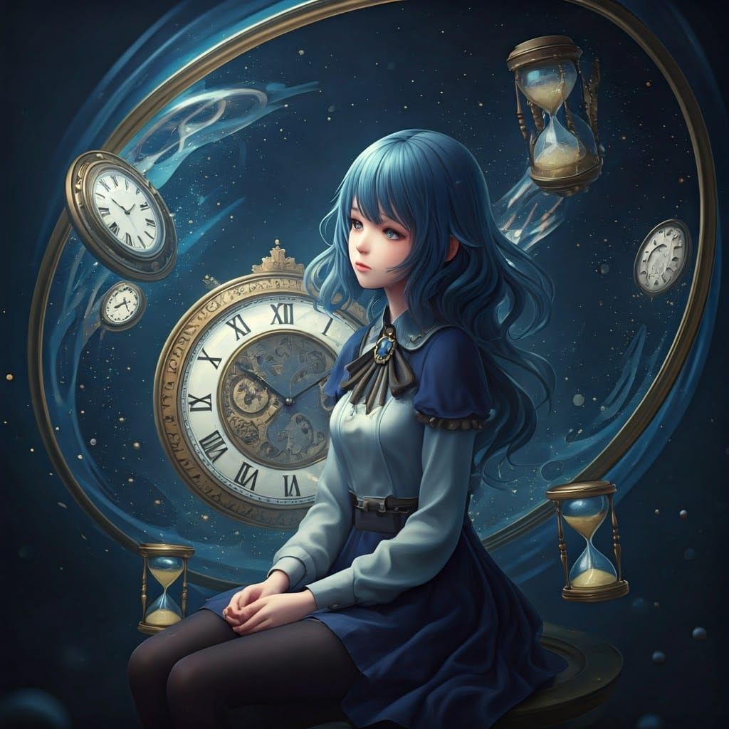 Woman Surrounded by Clockwork in Anime Art Style