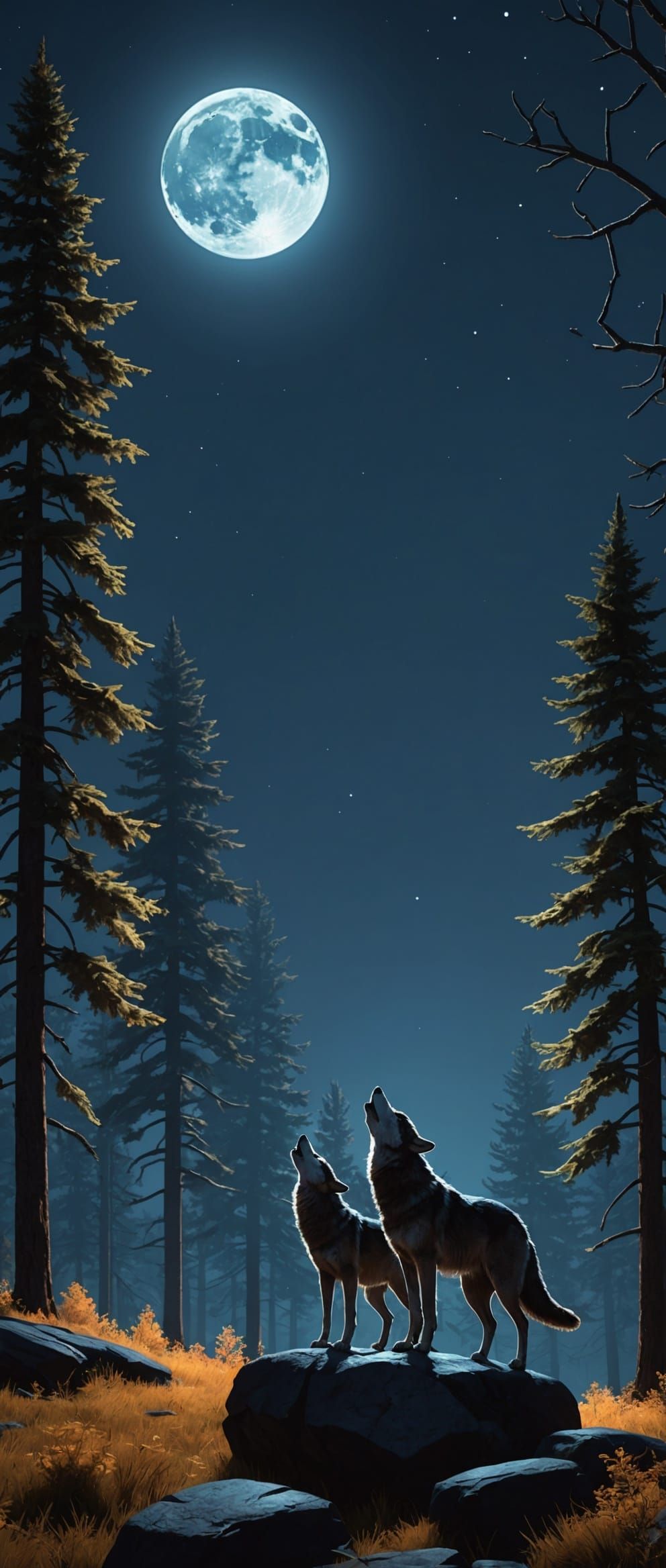 Wolves Howling Under Moon: 3D Digital Art