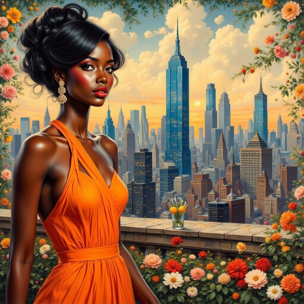 Art Nouveau Oil Painting of Elegant Woman in Vibrant City