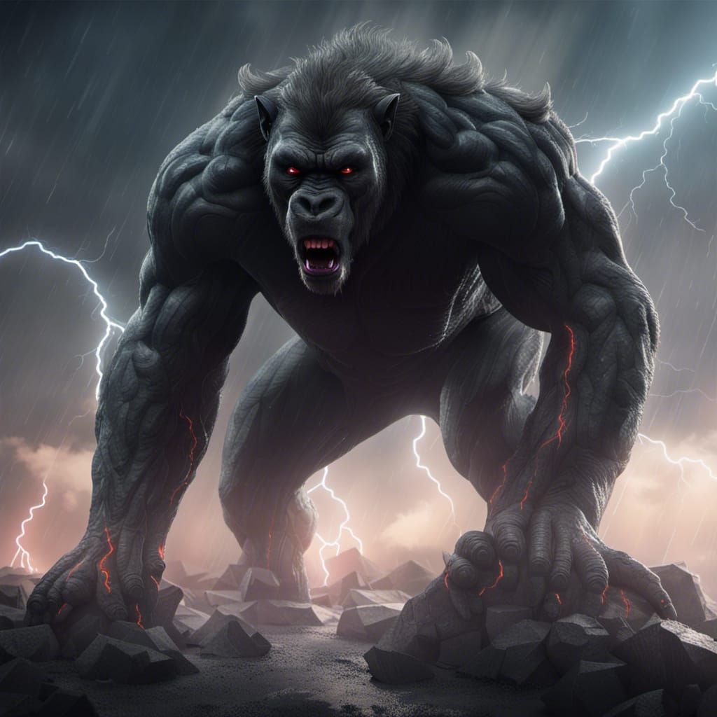 Dark Wolf-Man in Lightning Storm, Dark Fantasy Art