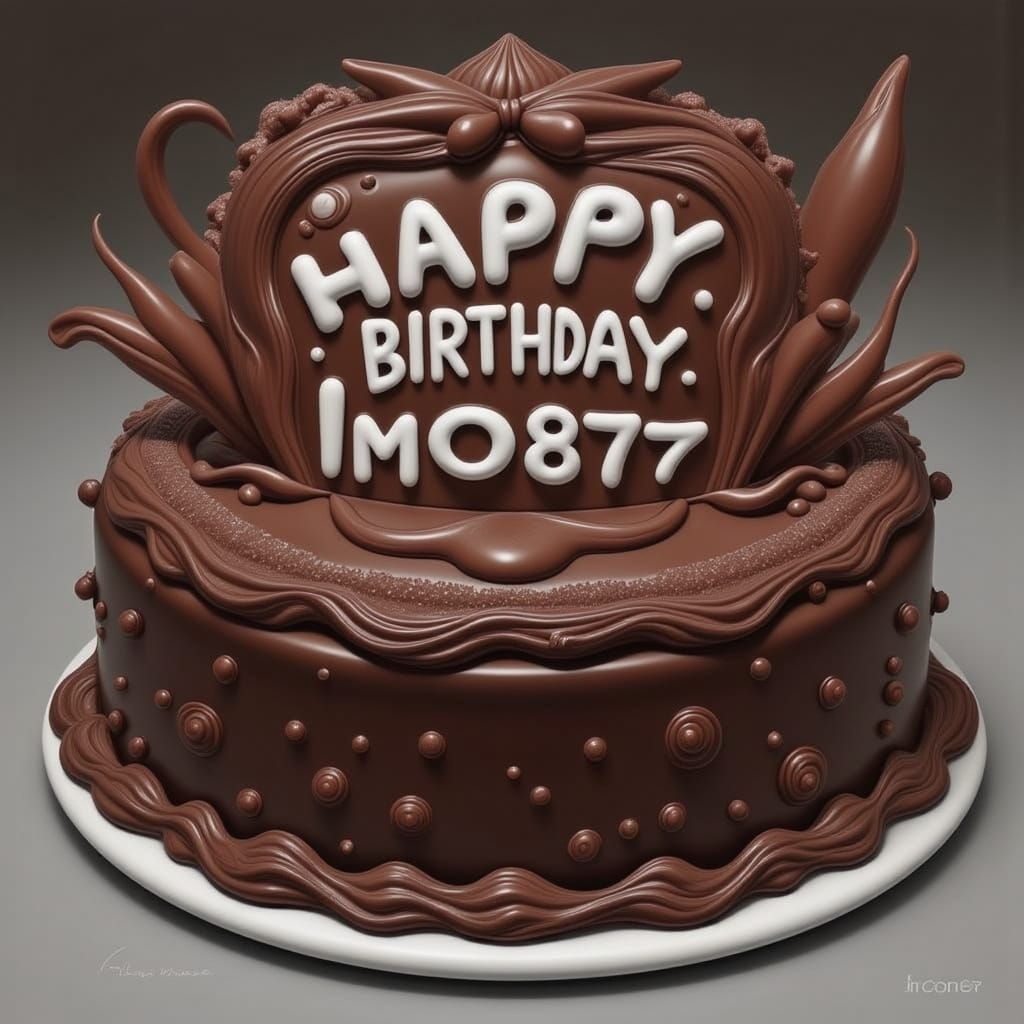Extra-decadent surreal chocolate birthday cake with "HAPPY B...