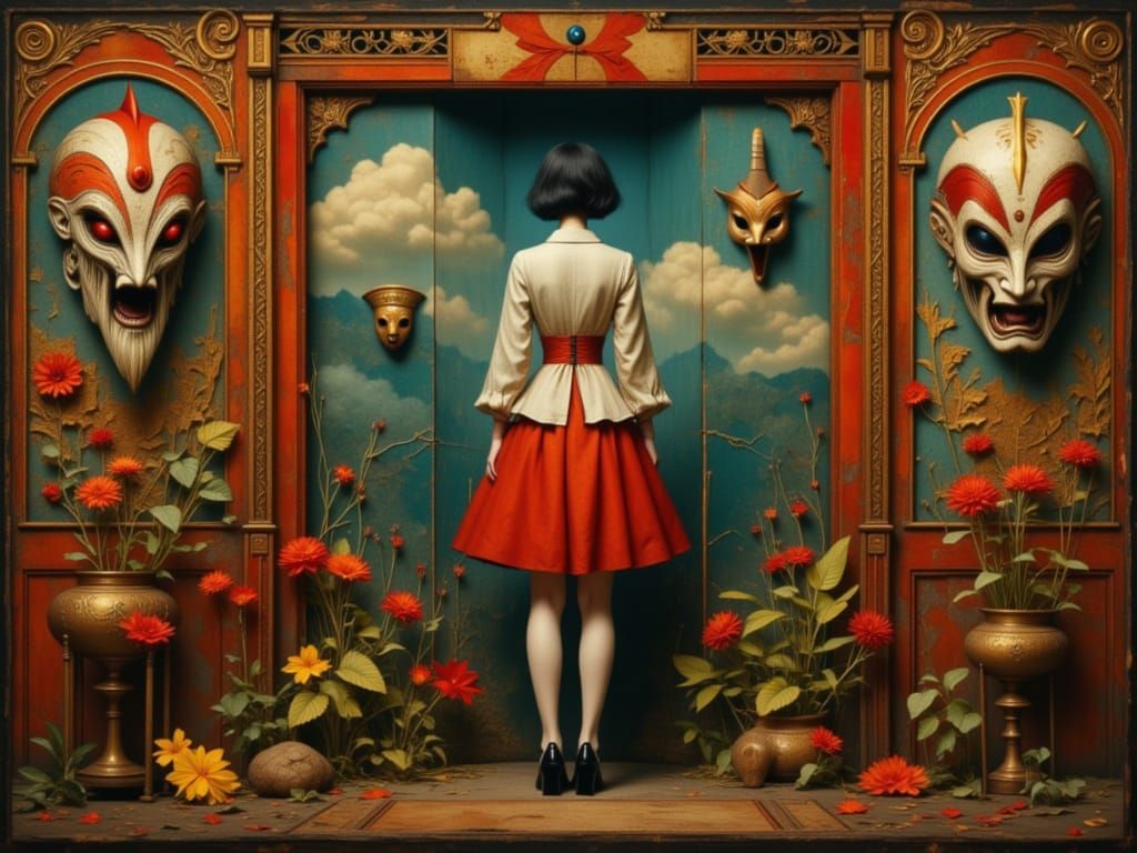 Chiyoko Gazes at Kabuki Masks in Dynamic Lighting