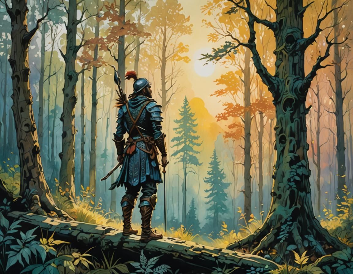 Warrior in Mystical Forest Gouache Painting