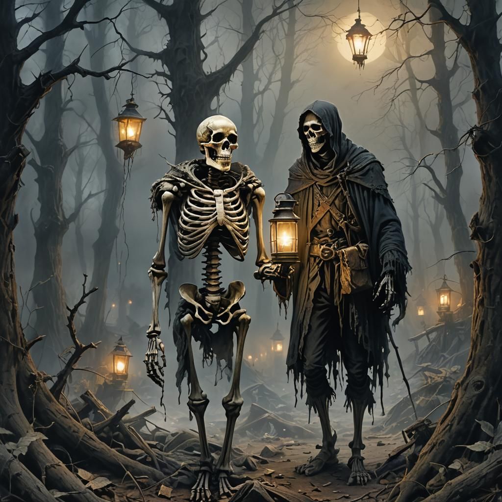 Skeleton in Foggy Forest with Lantern: Dark Fantasy Art