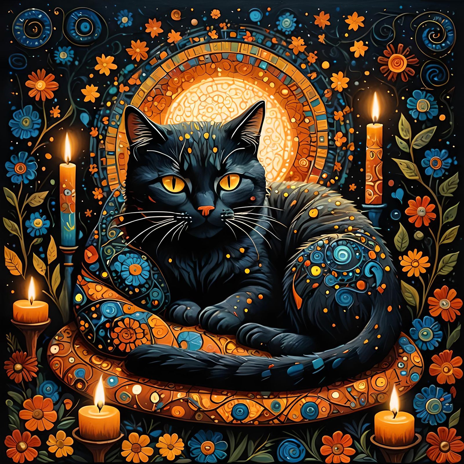 Folk Art Cat Sleeping by Candlelight