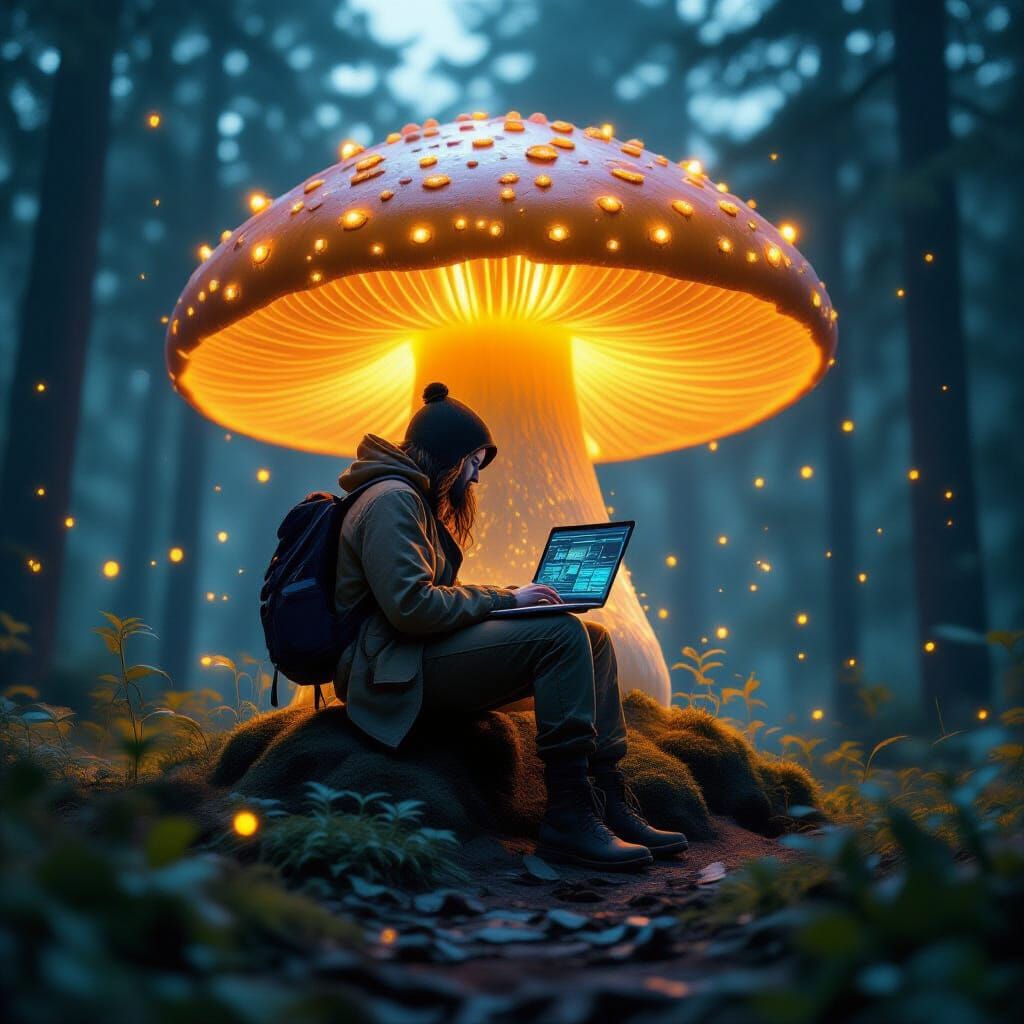 Digital Nomad on Bioluminescent Mushroom, Dramatic Lighting