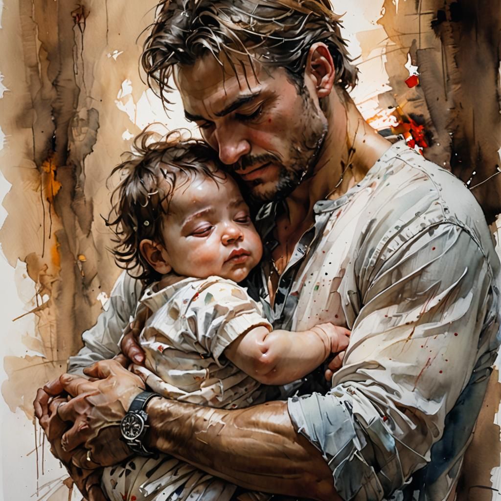 Loving Father and Newborn Baby: Watercolor Art