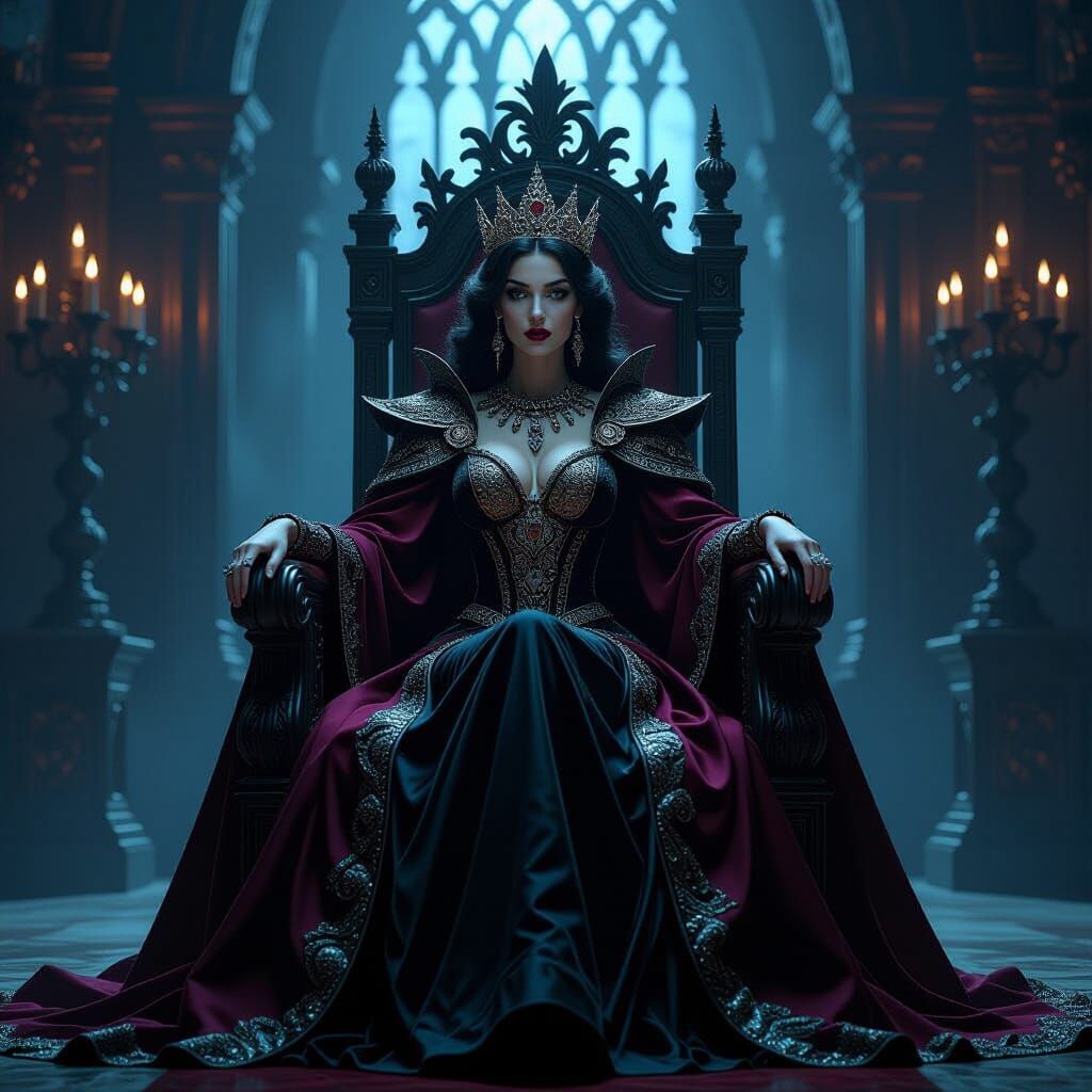 Majestic Queen on Throne in Dimly Lit Hall