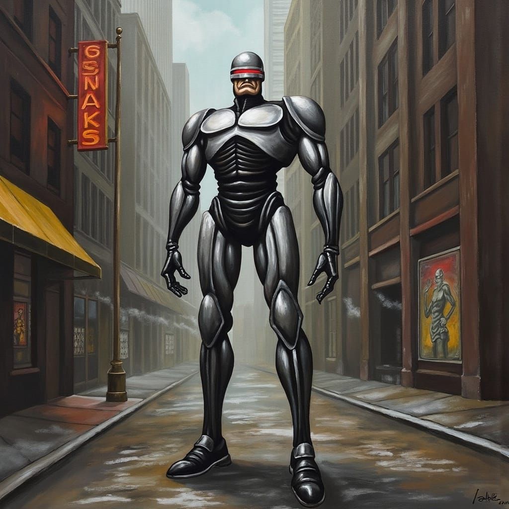 Robocop in Dystopian Detroit Cityscape