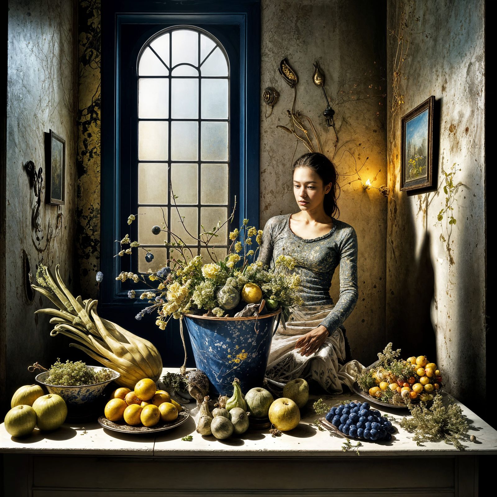 Still Life: Golden and Delft Blue Flowers