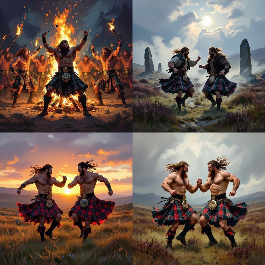 Highlander Men Dancing in Traditional Attire
