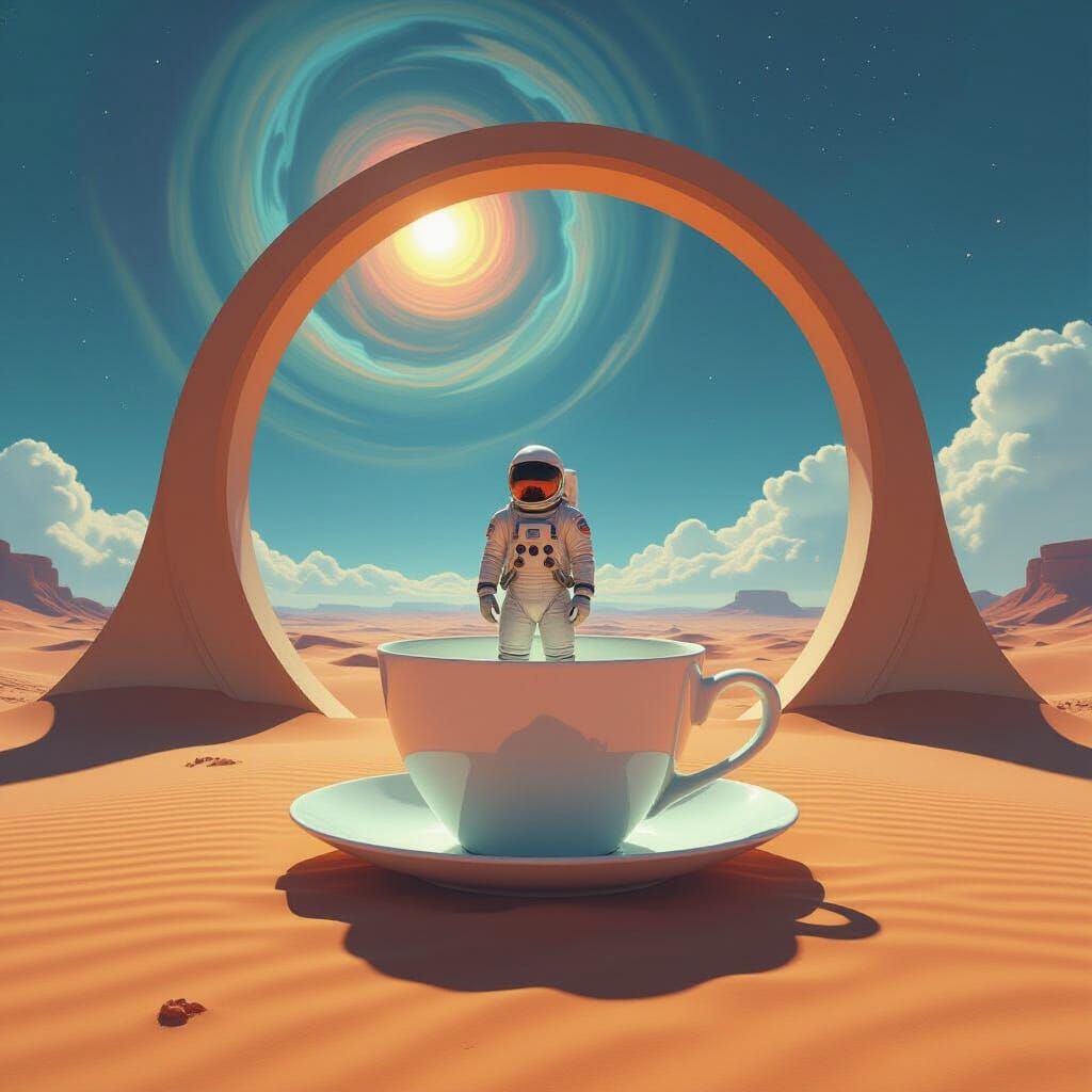 Astronaut on Giant Teacup in Surreal Desert Landscape