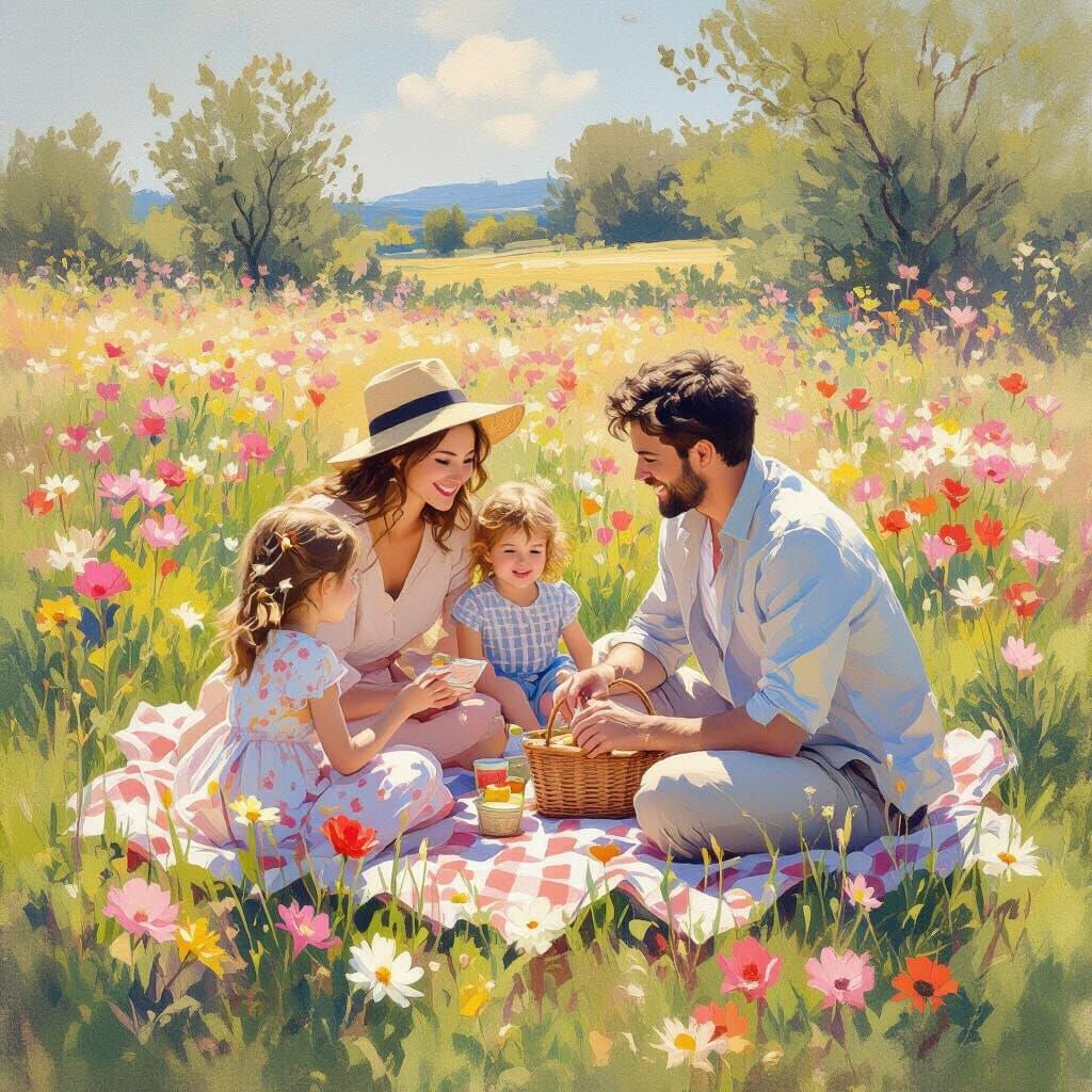 Family Picnic in Spring Flowers: Impressionist Style