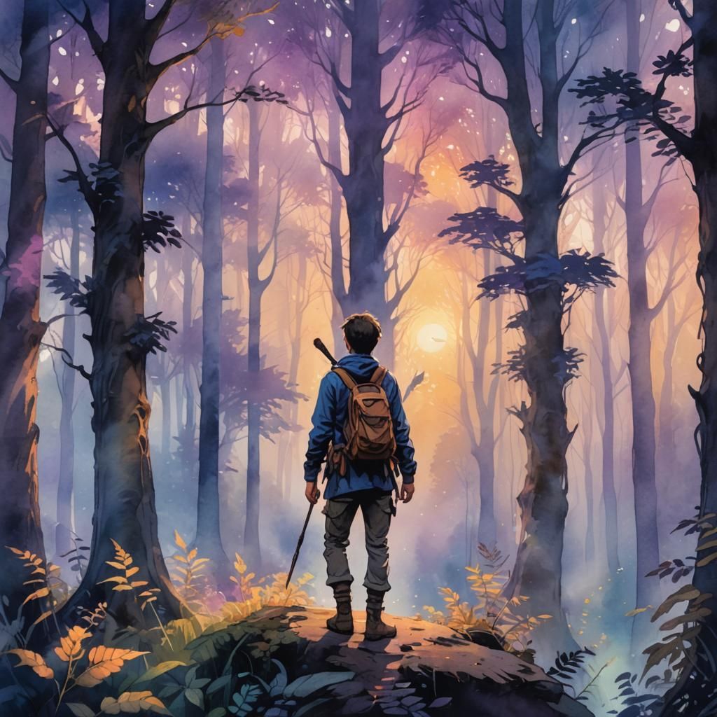 Mystical Forest Adventurer in Watercolour Concept Art