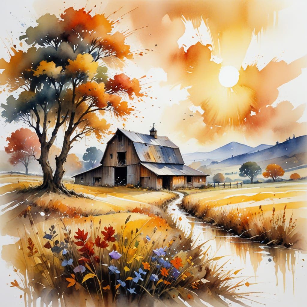 Autumn Barn Landscape in Watercolour Style